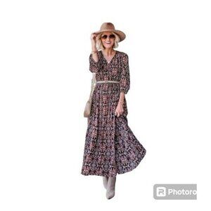 Knox Rose Midi  Faux Wrap Dress XS  Floral Tiered Maxi V Neck Elastic Waist